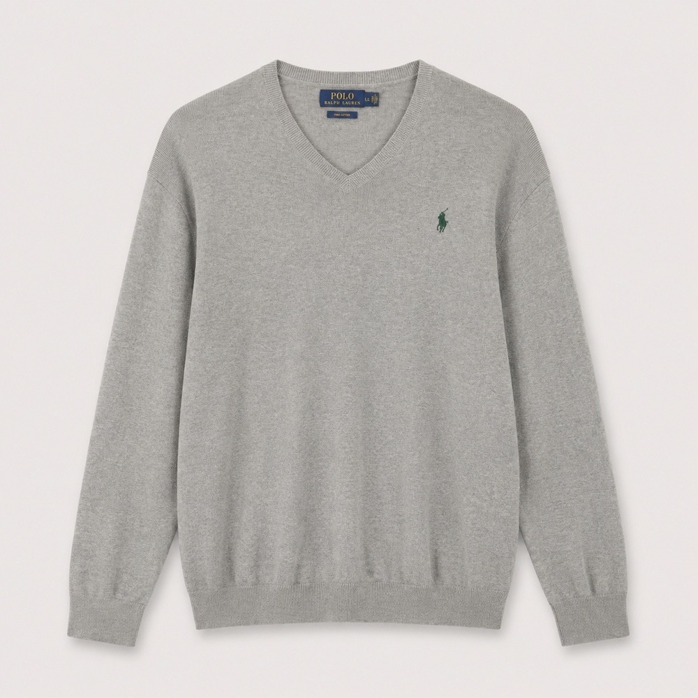 Polo Ralph Lauren Mens Grey Pima Cotton V-Neck Sweater L Green Pony Logo